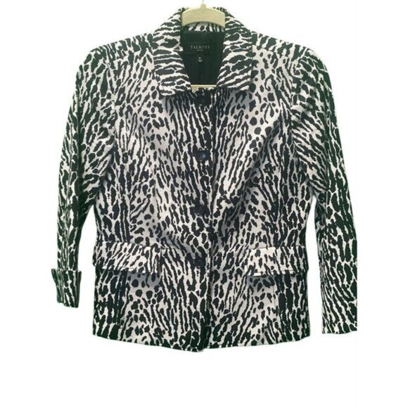 Talbots Black Animal Print Cotton Blend Button Front Collared Jacket Size 6P - Picture 4 of 6